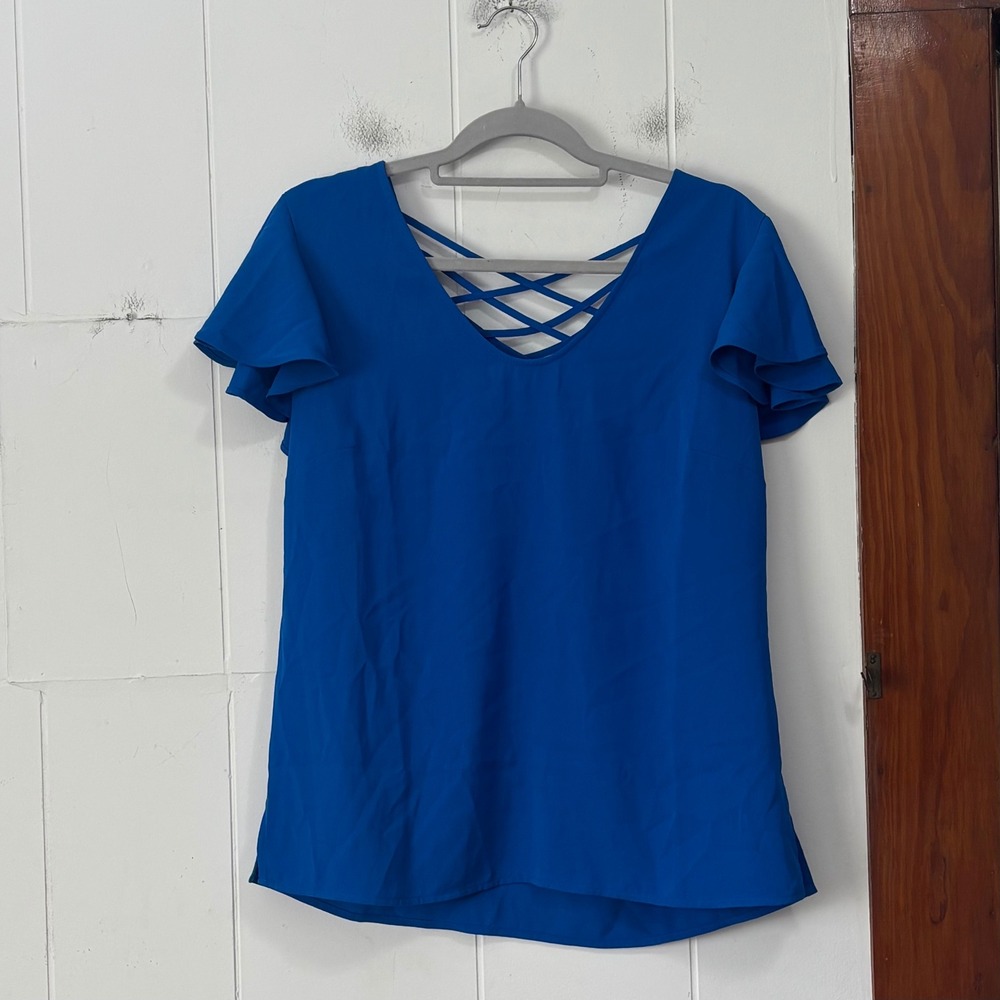 New York & Company Royal Blue Lattice Strappy Flutter Sleeve Blouse Medium